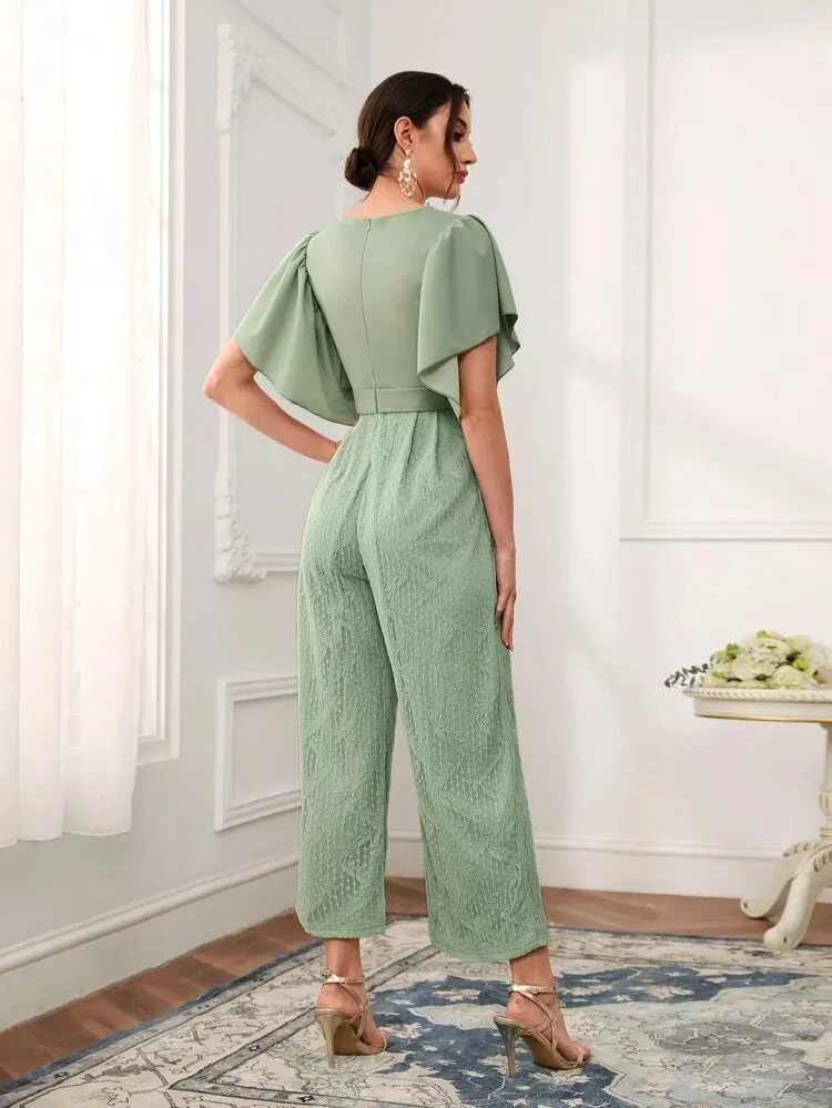 Contrast Lace Flutter Sleeve Jumpsuit