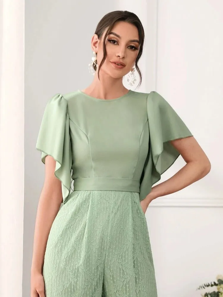 Contrast Lace Flutter Sleeve Jumpsuit