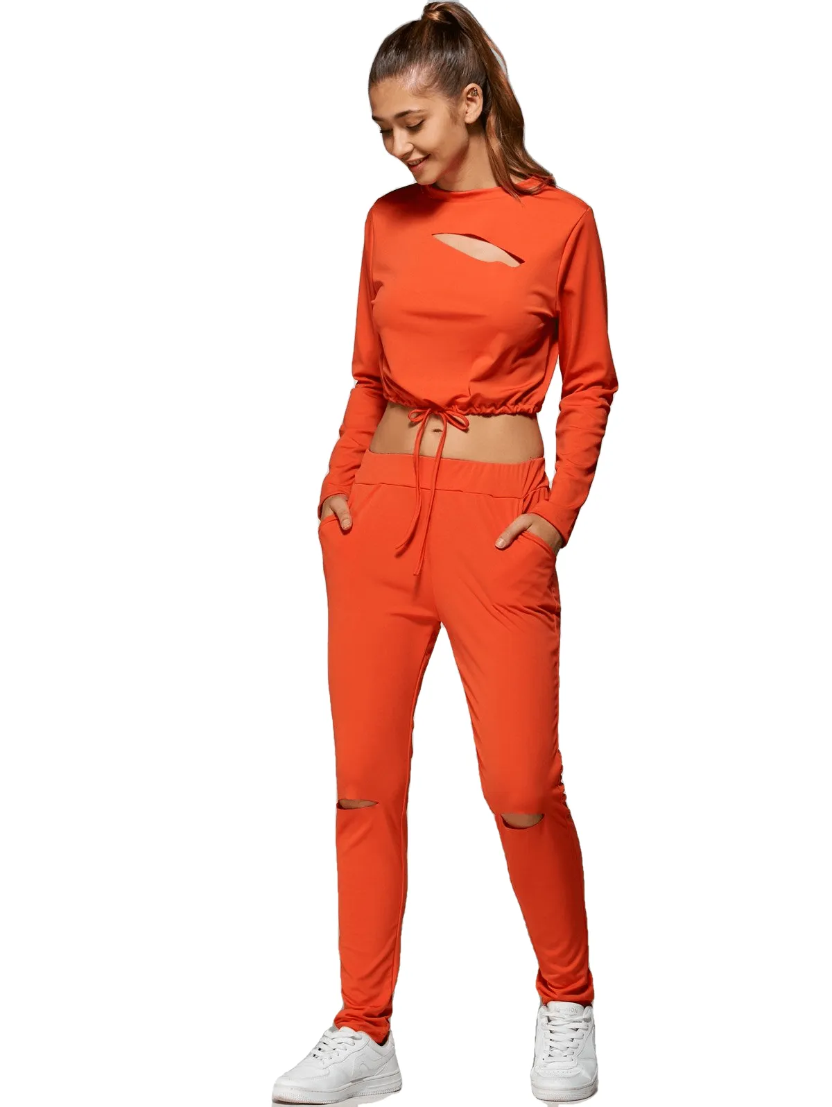 Cropped Sweatshirt And High Waisted Ripped Pants
