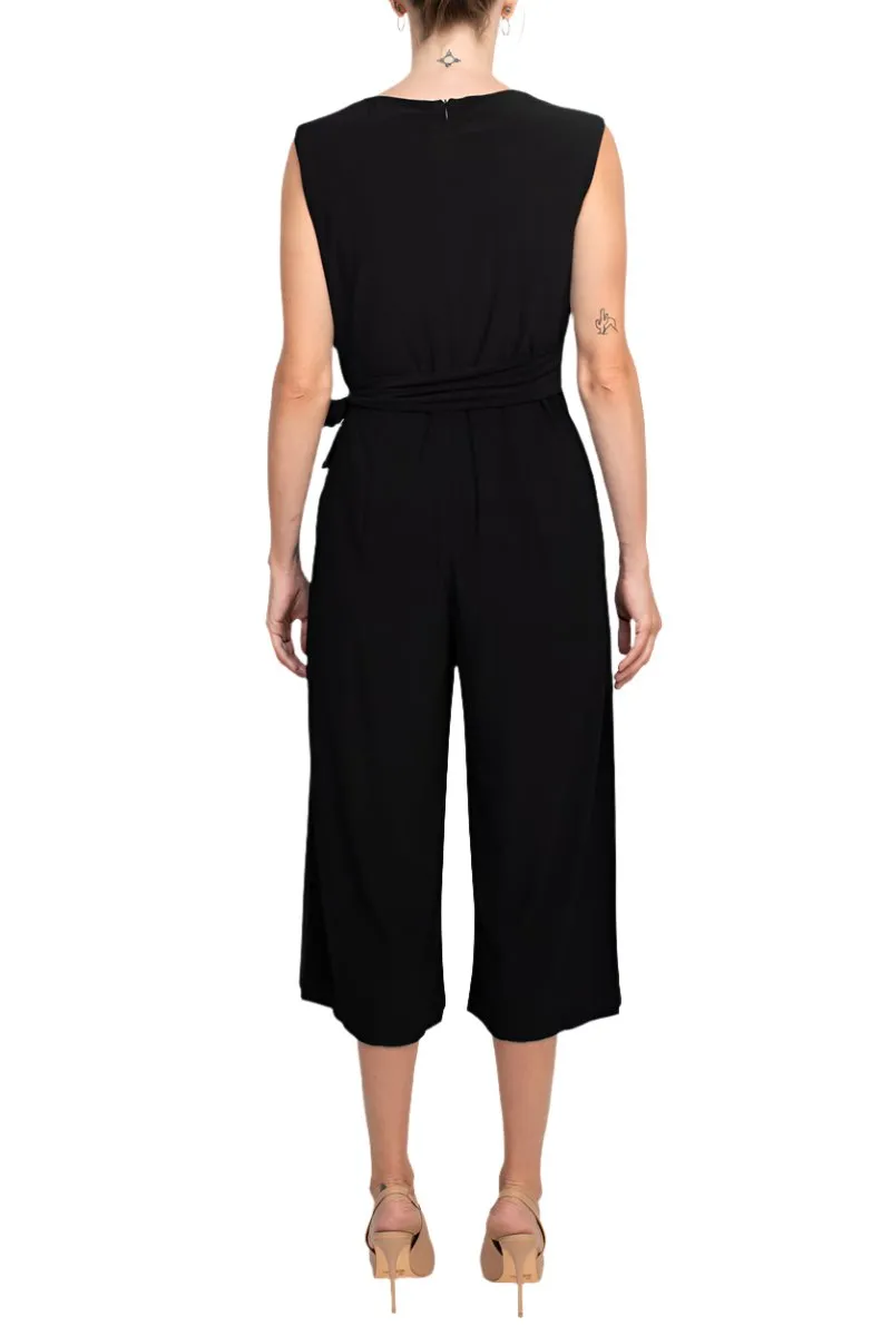 Emma & Michele Boat Neck Sleeveless Tie Side Solid Pockets ITY Jumpsuit