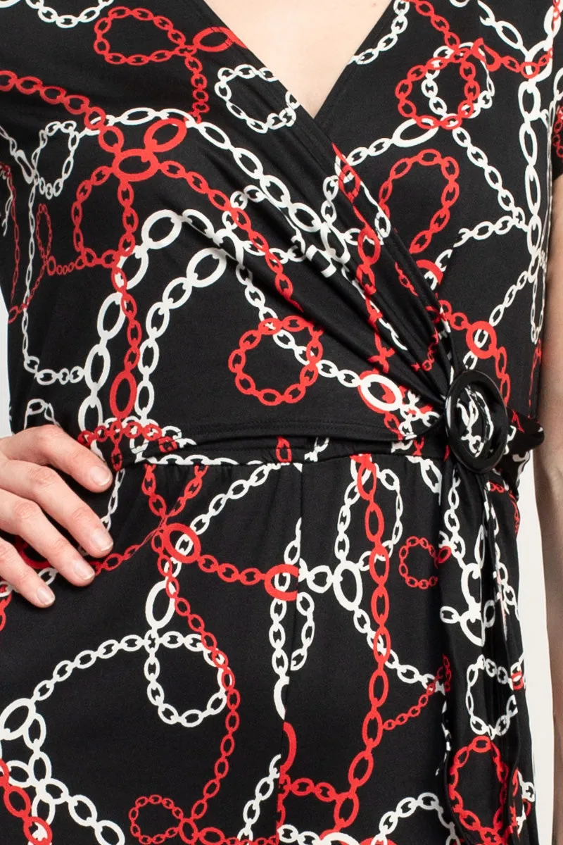 Emma & Michele V-Neck Short Sleeve Tie Waist Elastic Waist Multi Print ITY Jumpsuit