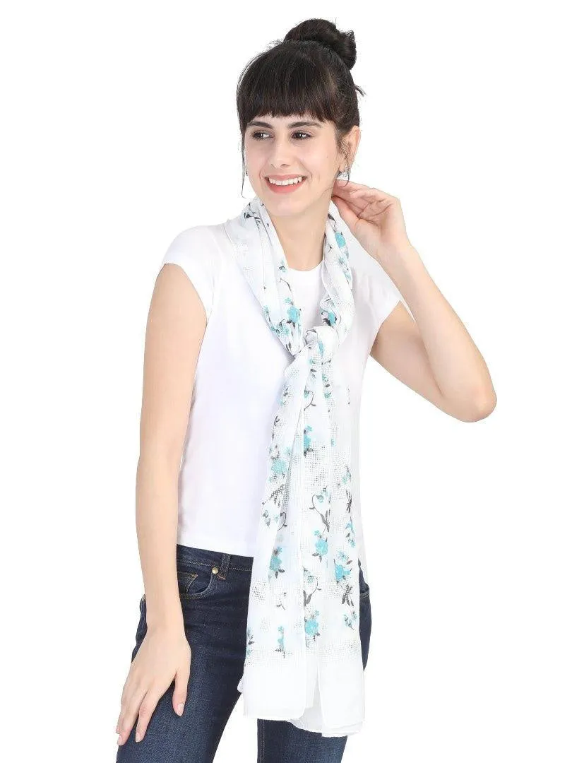 FabSeasons White Leaf Printed Cotton Scarf For Women & Girls