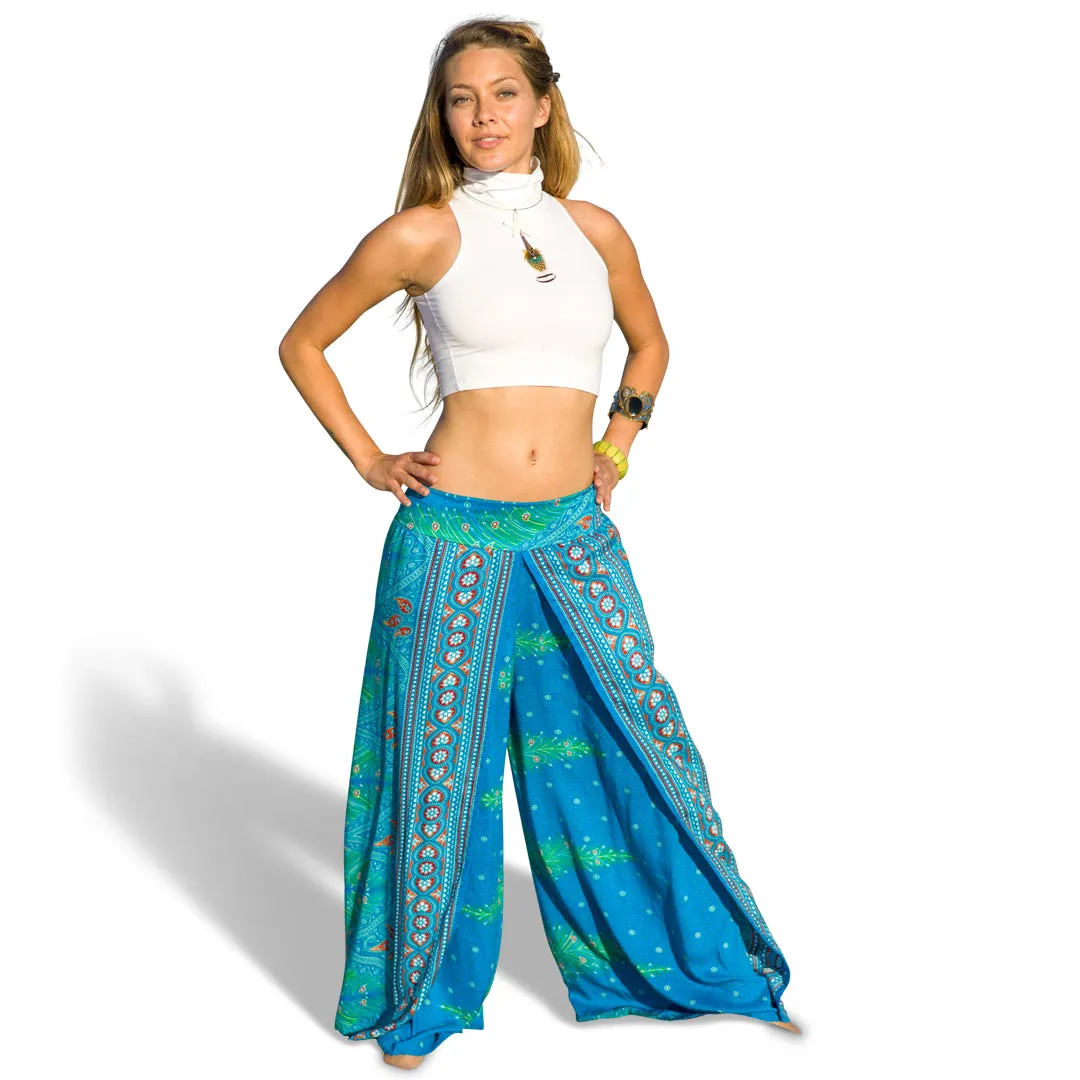 Feather Design Open Leg Pants in Blue