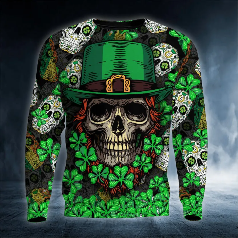 Fluky Saint Patrick's Day Skull 3D Printed Shirt, Skull Shamrock Shirt, Skull Shirt