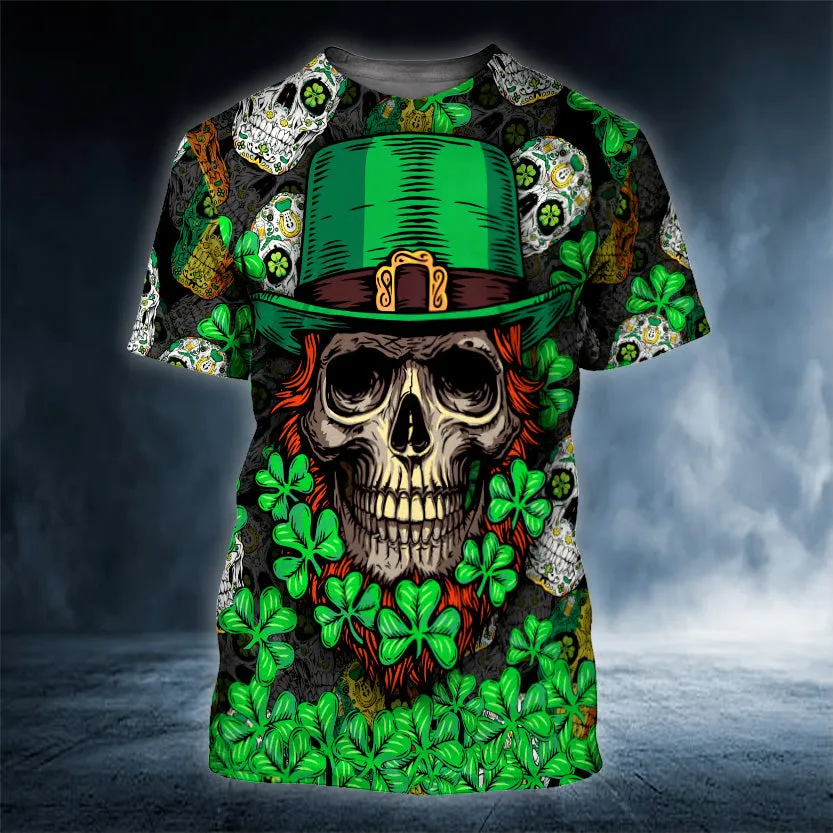 Fluky Saint Patrick's Day Skull 3D Printed Shirt, Skull Shamrock Shirt, Skull Shirt