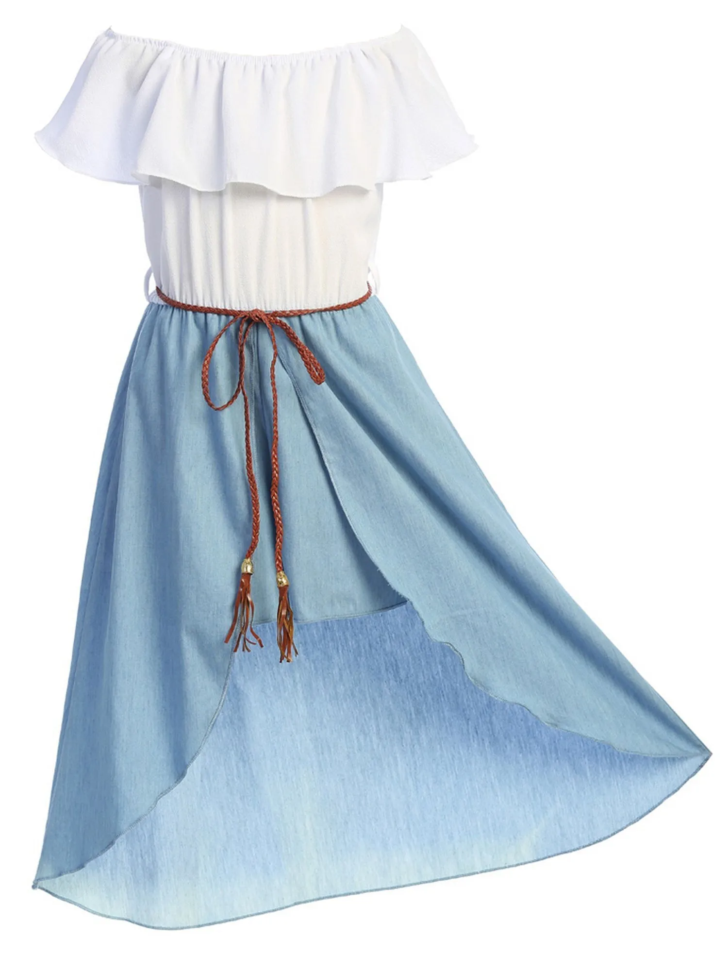 Girls Ruffle Off Shoulder Denim Jumpsuit with Brown Knitted Drawstring, Sizes 4-14