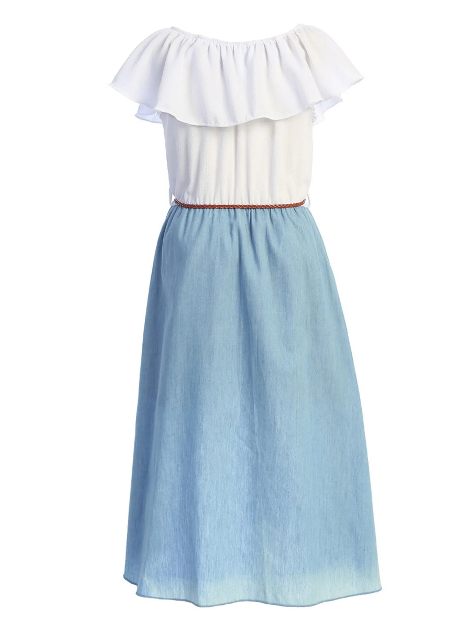 Girls Ruffle Off Shoulder Denim Jumpsuit with Brown Knitted Drawstring, Sizes 4-14