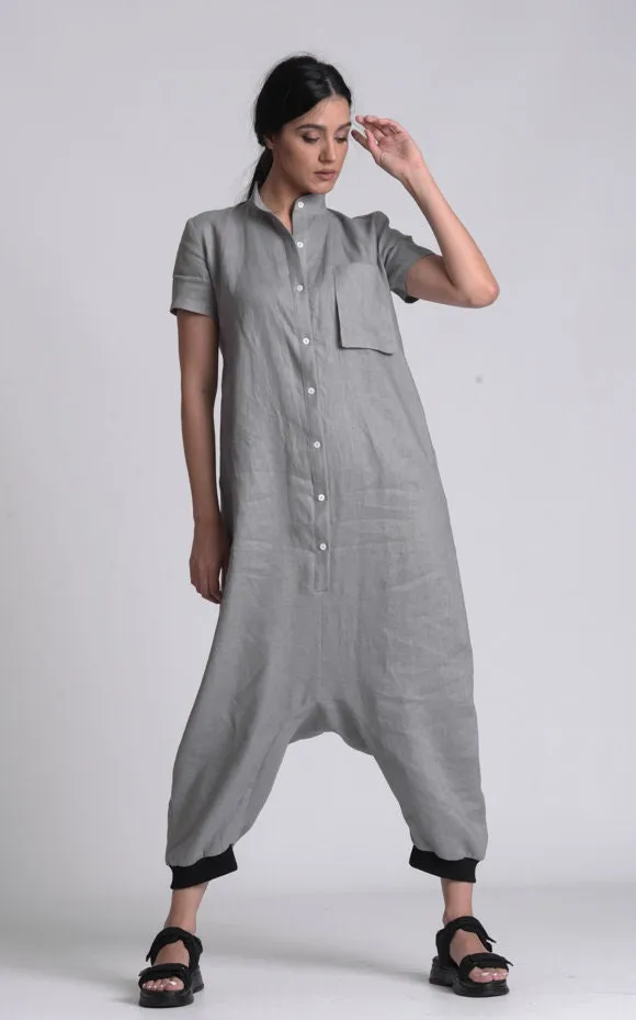 Grey Casual Linen Boho Jumpsuit