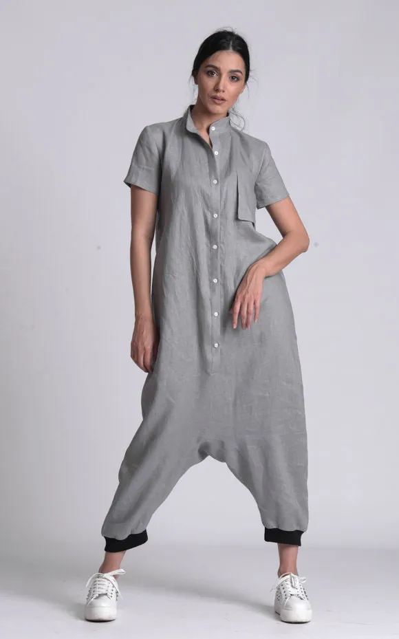 Grey Casual Linen Boho Jumpsuit