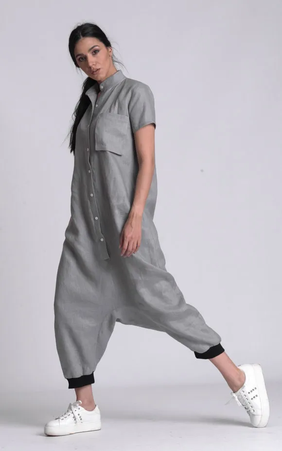 Grey Casual Linen Boho Jumpsuit