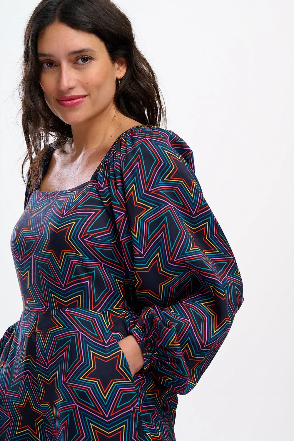 Hestia Shirred Jumpsuit Black / Rainbow Star Explosion