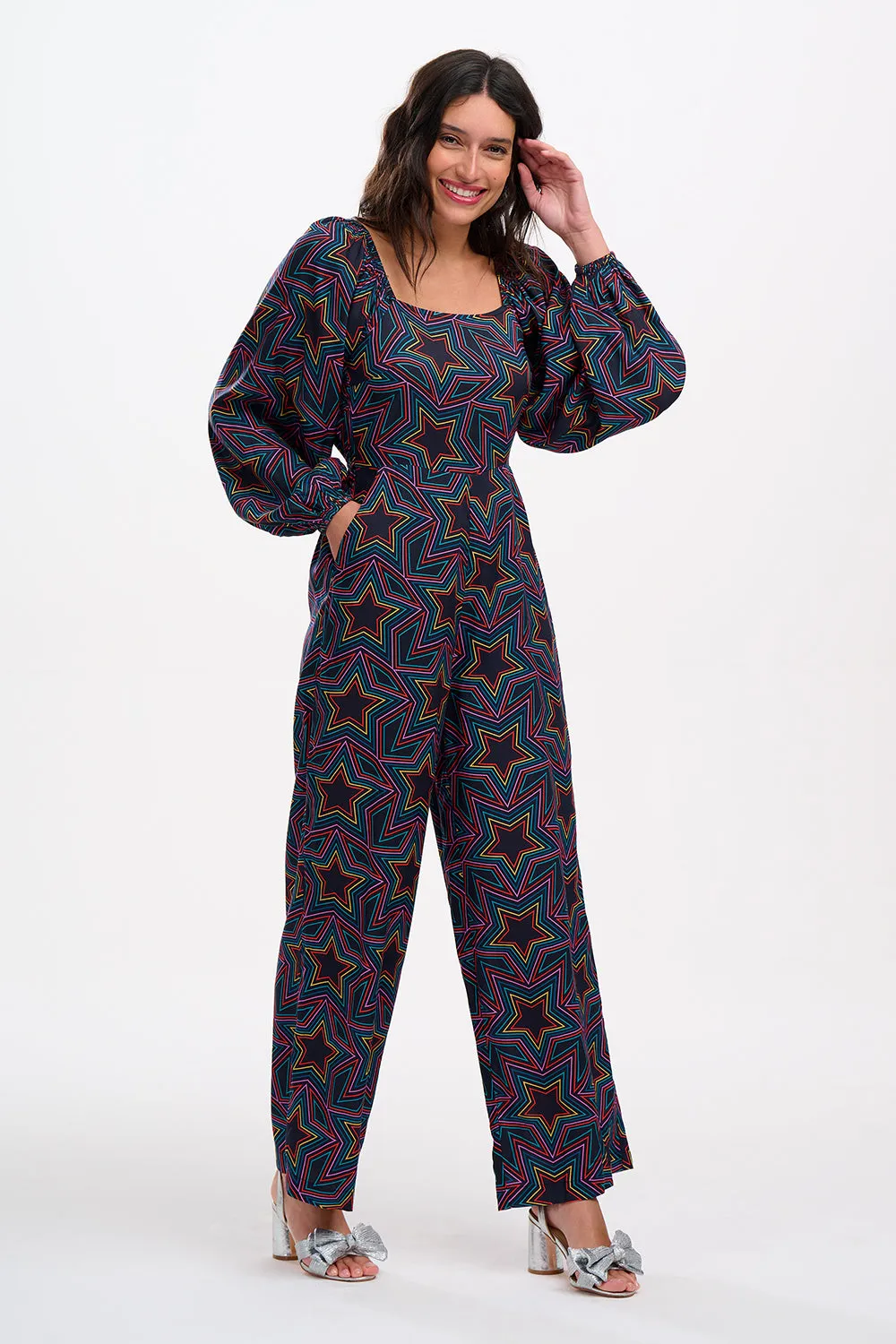 Hestia Shirred Jumpsuit Black / Rainbow Star Explosion