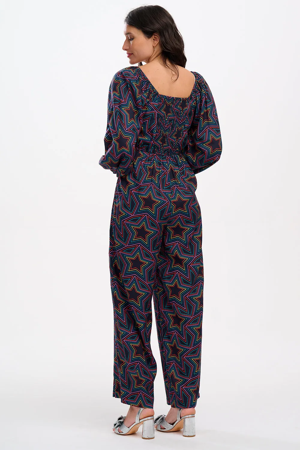 Hestia Shirred Jumpsuit Black / Rainbow Star Explosion