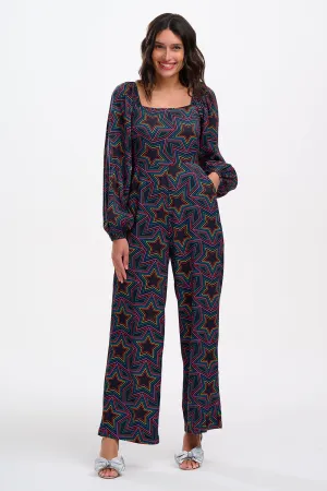 Hestia Shirred Jumpsuit Black / Rainbow Star Explosion
