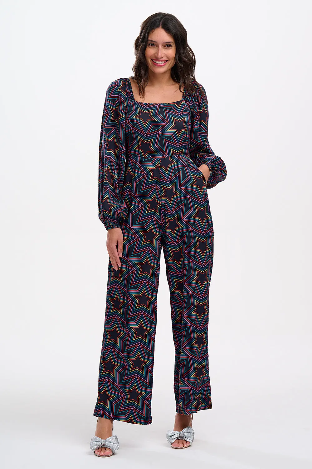Hestia Shirred Jumpsuit Black / Rainbow Star Explosion
