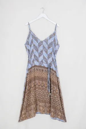 Jamie Dress - Indian Sari Slip - Rustic Brown & Blue Check - Size M/L