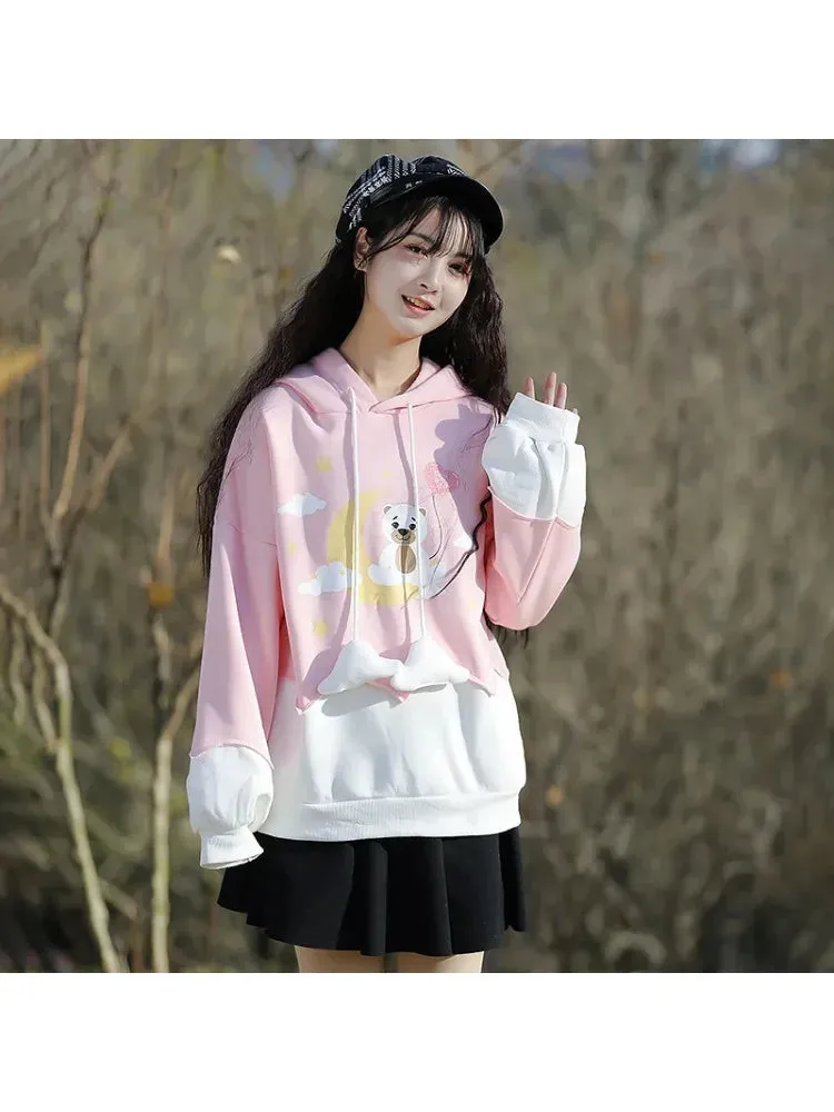 Kawaii Women Hoodies Harajuku Bear Print Cute Drawstring Hooded Sweatshirts Winter Long Sleeve Female Sweet Pullover Tops