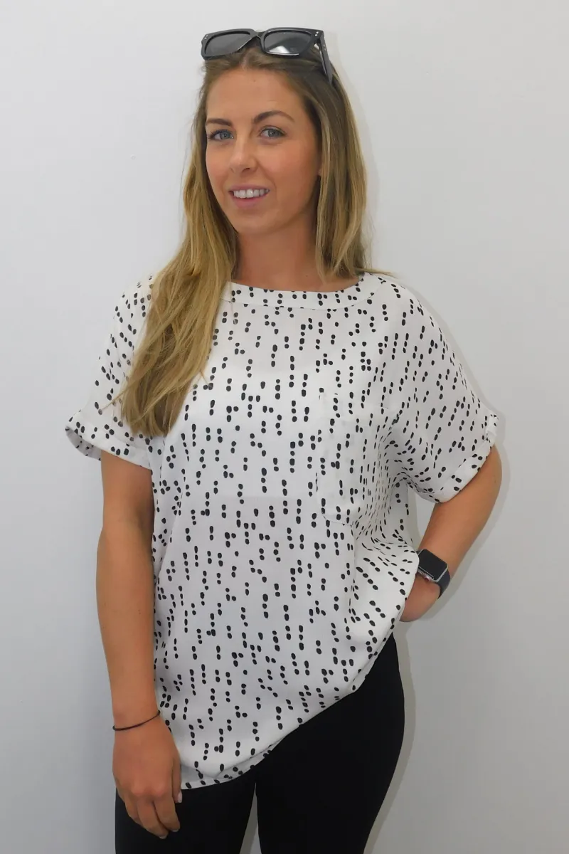 Ladies Short Sleeve Ivory & Black Geometric Polka Blouse Top
