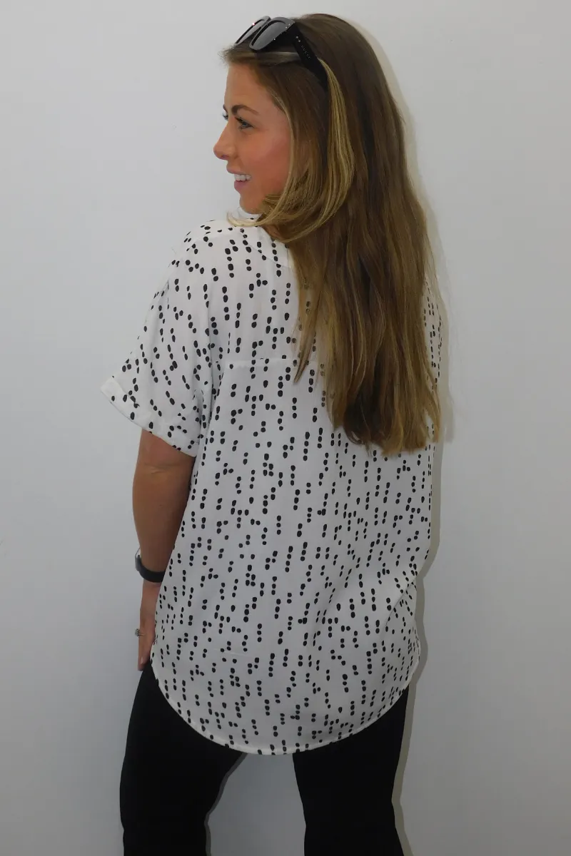 Ladies Short Sleeve Ivory & Black Geometric Polka Blouse Top