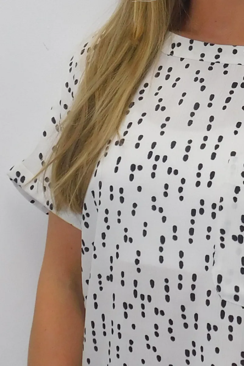 Ladies Short Sleeve Ivory & Black Geometric Polka Blouse Top