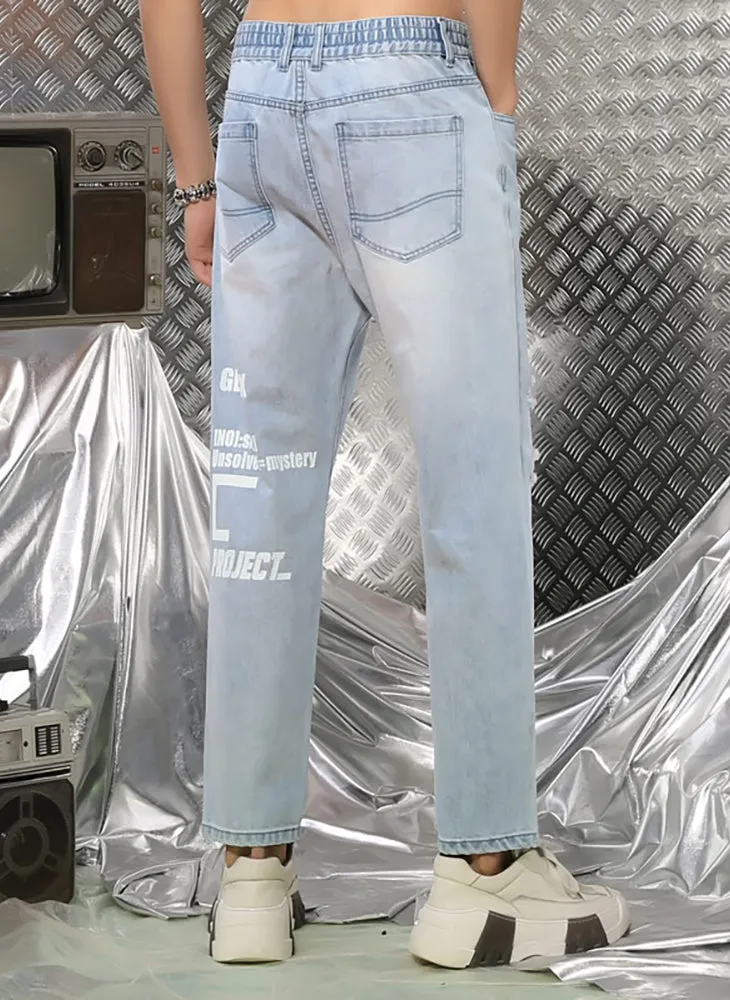 Light Blue Minimalist Ripped Letter Print Denim Jeans