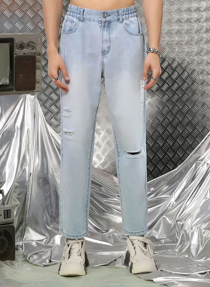 Light Blue Minimalist Ripped Letter Print Denim Jeans