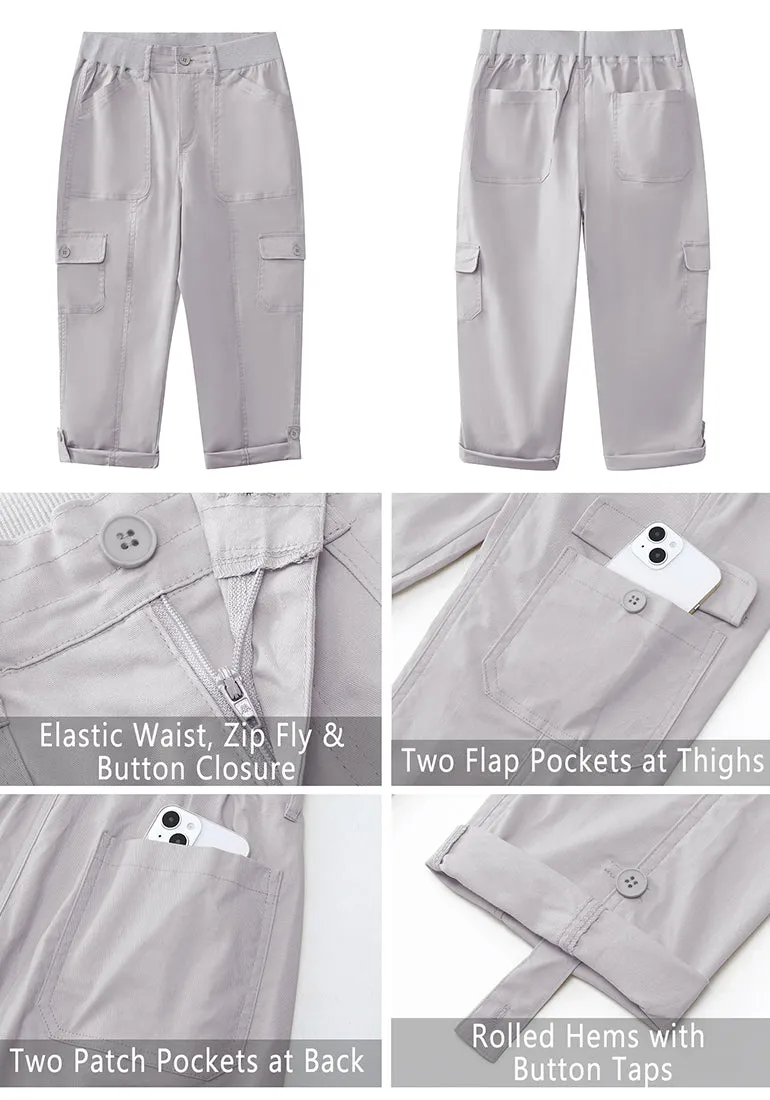 Light Gray Women's High Wasited Cargo Pants Cuffed Hem Elastic Waist Capri Pants With Pockets