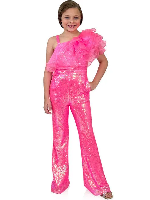 Marc Defang 5026 Size 5 White Girls Sequin One Shoulder Pageant Jumpsuit Ruffle Fun Fashion