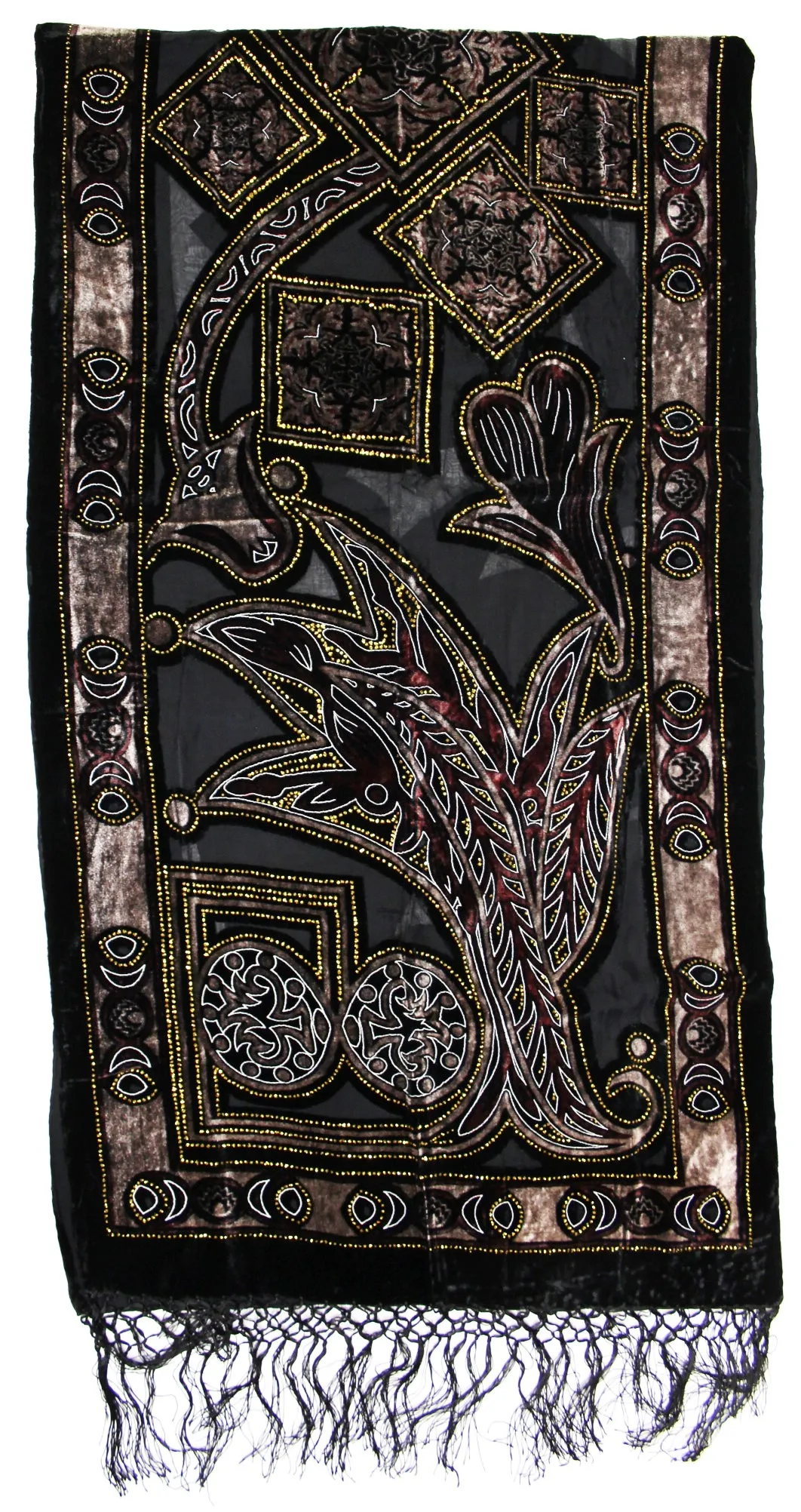 Multicoloured Multipatterned Devore Velvet Scarf with Black Border (176 x 52cm)
