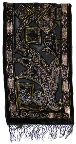 Multicoloured Multipatterned Devore Velvet Scarf with Black Border (176 x 52cm)