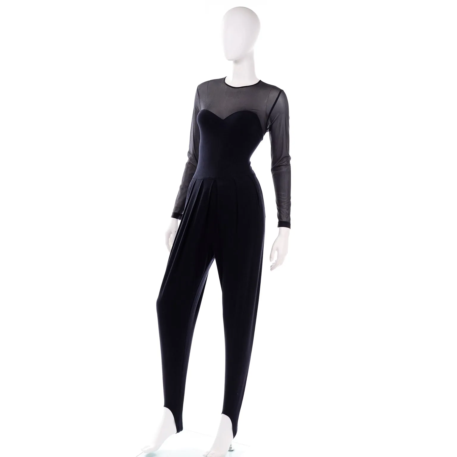 ON HOLD // Vintage 1990s Black Bodycon Stretch Catsuit Jumpsuit W Illusion Bodice