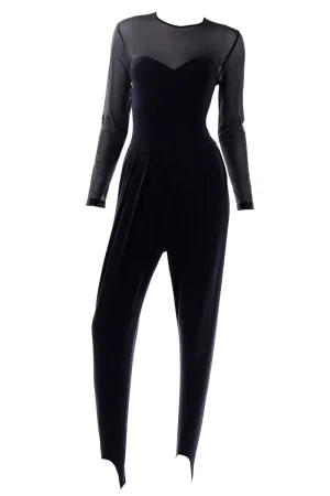 ON HOLD // Vintage 1990s Black Bodycon Stretch Catsuit Jumpsuit W Illusion Bodice