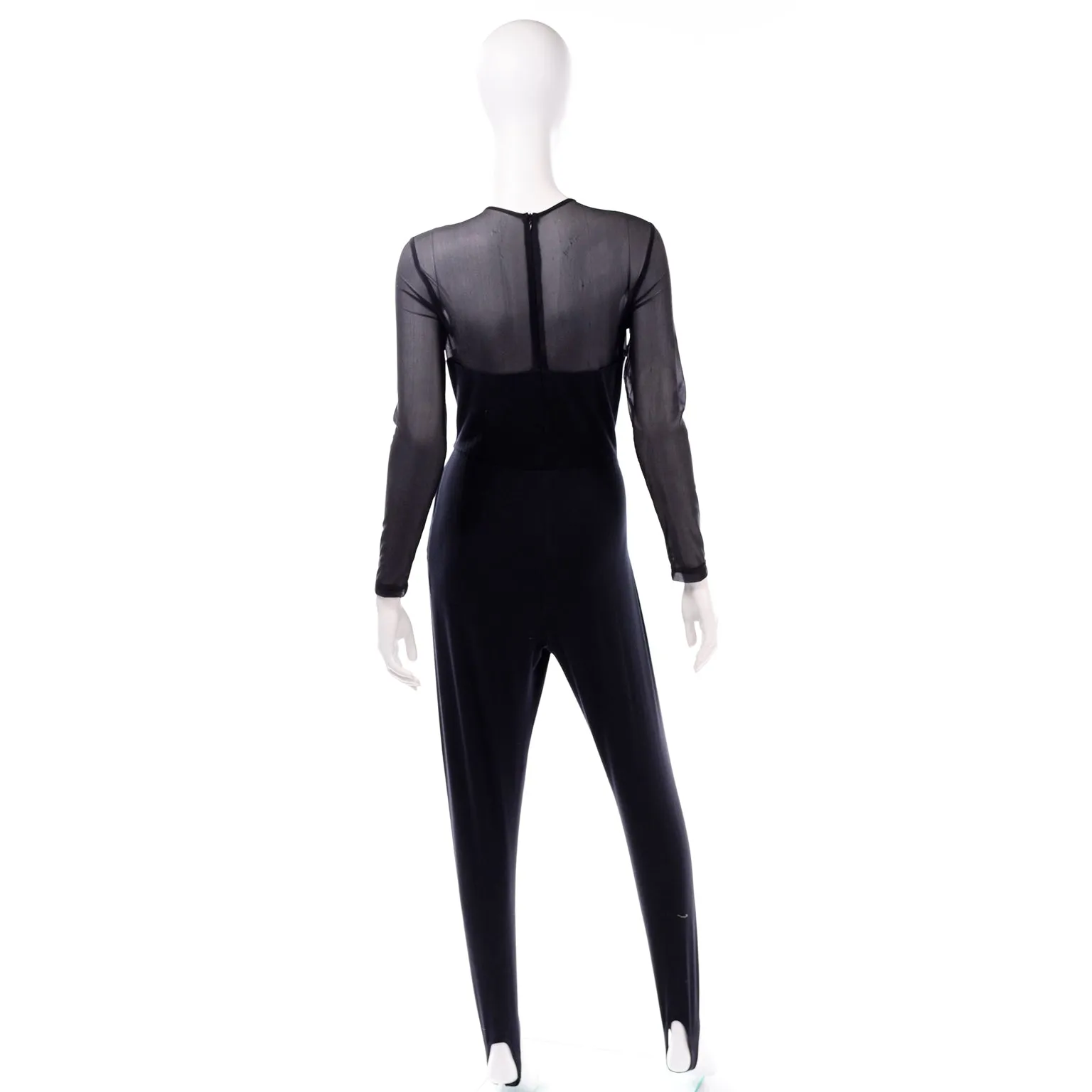 ON HOLD // Vintage 1990s Black Bodycon Stretch Catsuit Jumpsuit W Illusion Bodice