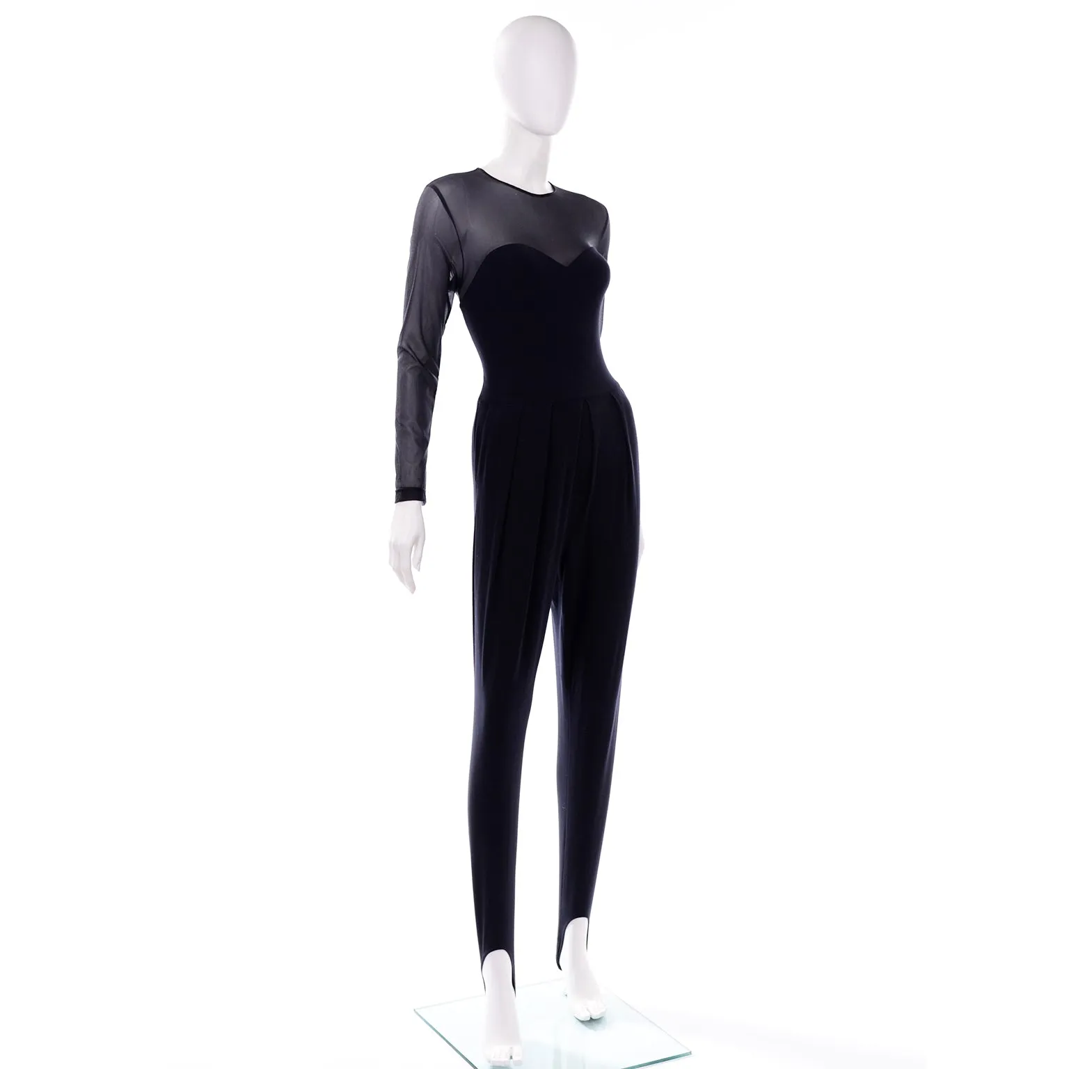 ON HOLD // Vintage 1990s Black Bodycon Stretch Catsuit Jumpsuit W Illusion Bodice