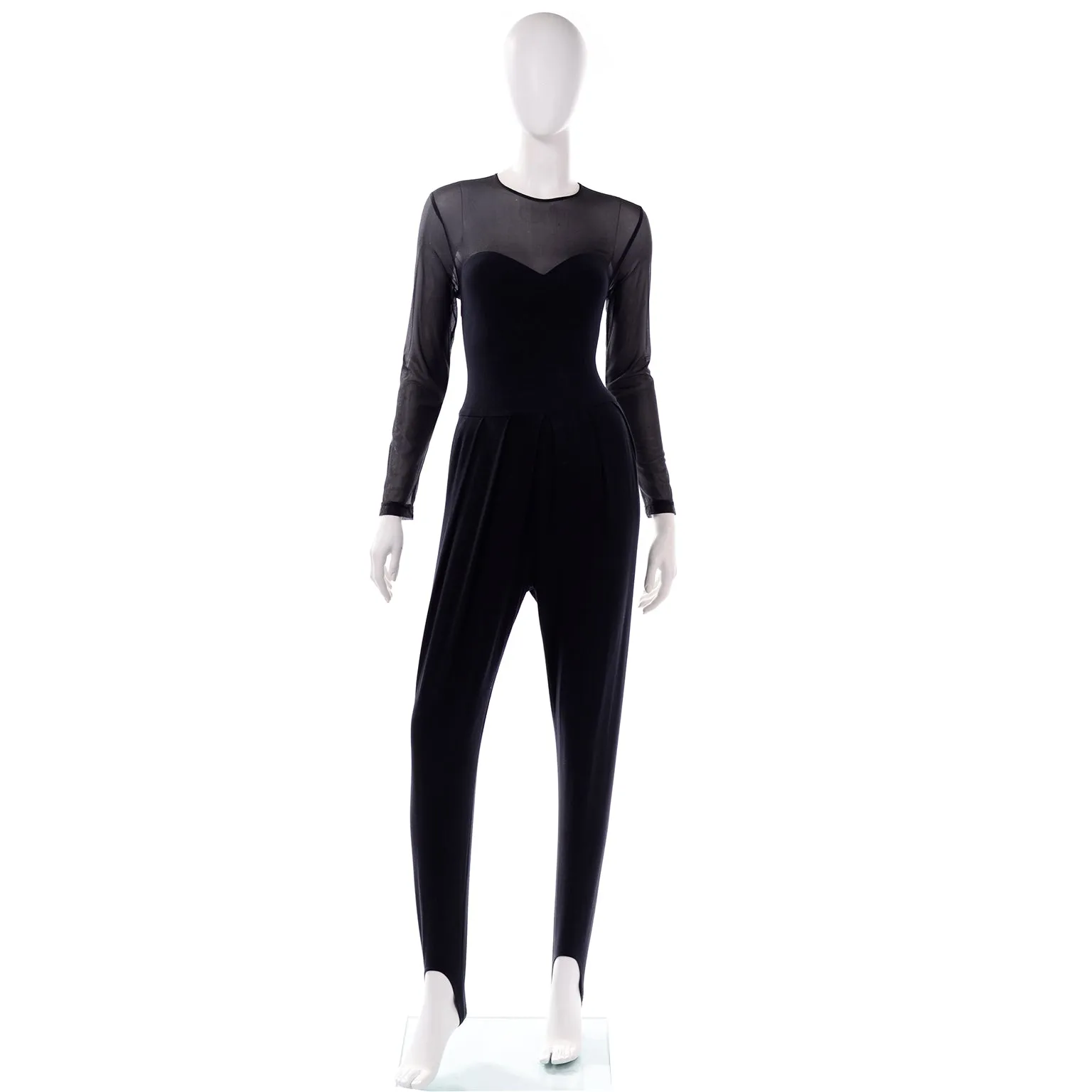ON HOLD // Vintage 1990s Black Bodycon Stretch Catsuit Jumpsuit W Illusion Bodice