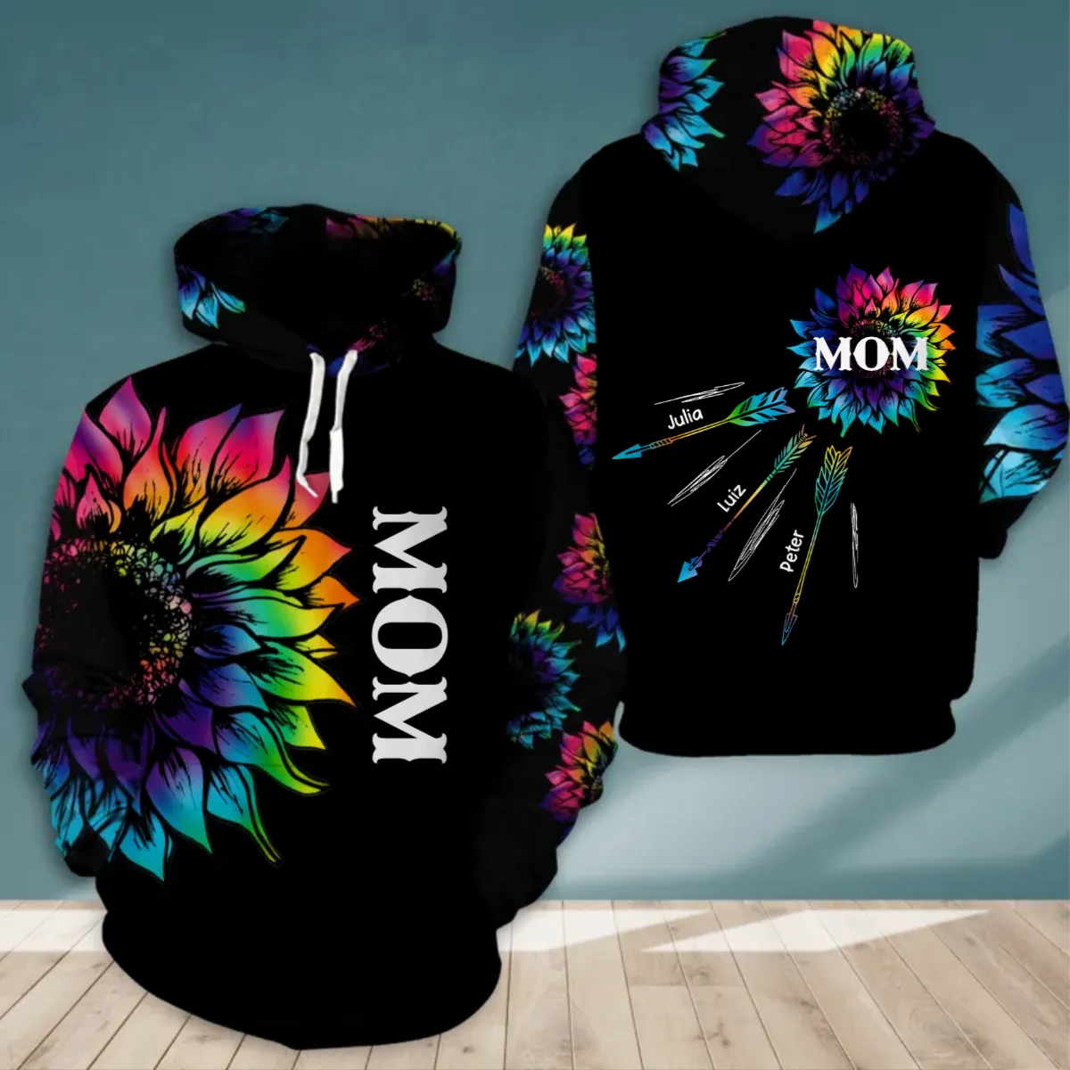 Personalized Grandma with Kid Name Tie Dye Sunflower Hoodie, 3D All Over Print Custom Mom And Kids Name Hoodie