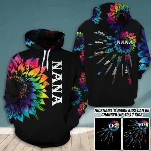 Personalized Grandma with Kid Name Tie Dye Sunflower Hoodie, 3D All Over Print Custom Mom And Kids Name Hoodie