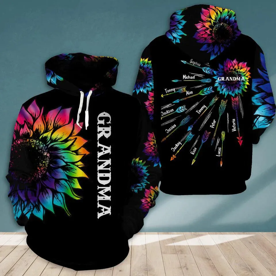 Personalized Grandma with Kid Name Tie Dye Sunflower Hoodie, 3D All Over Print Custom Mom And Kids Name Hoodie