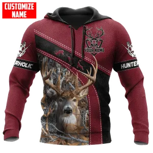 Personalized Hunting Red Leather Pattern Hoodie, Hunting Hoodie, Deer Hunter Hoodie Men Women