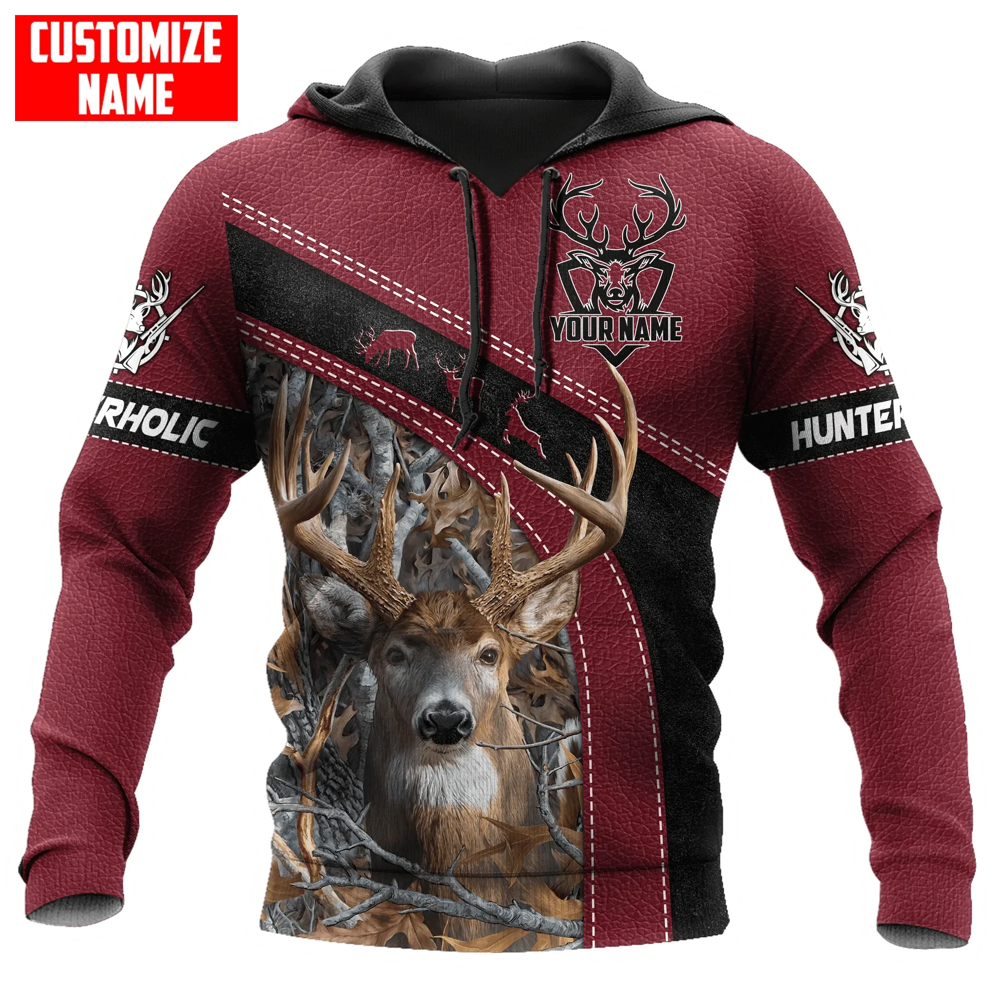 Personalized Hunting Red Leather Pattern Hoodie, Hunting Hoodie, Deer Hunter Hoodie Men Women