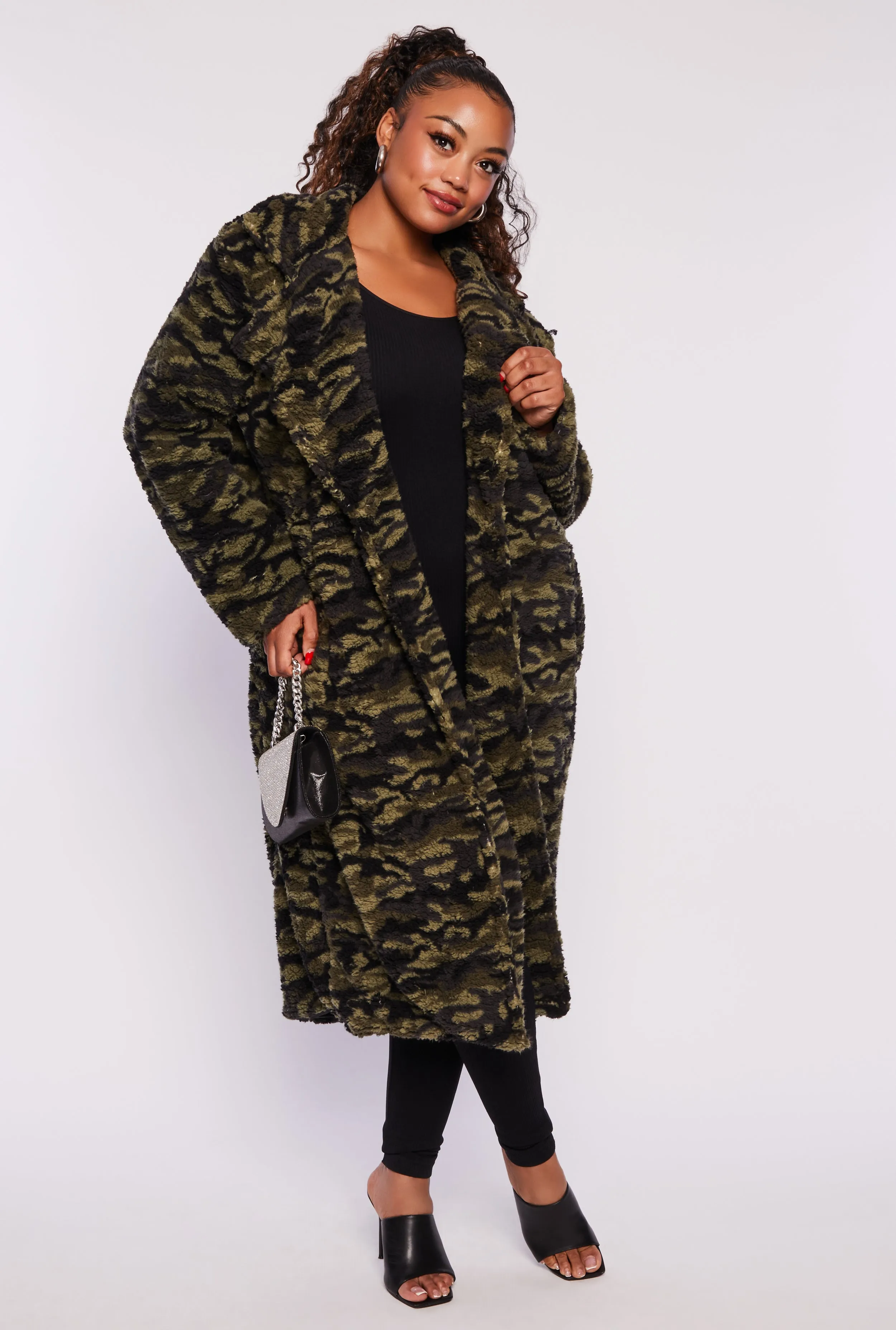 Plus Size Patterned Teddy Coat