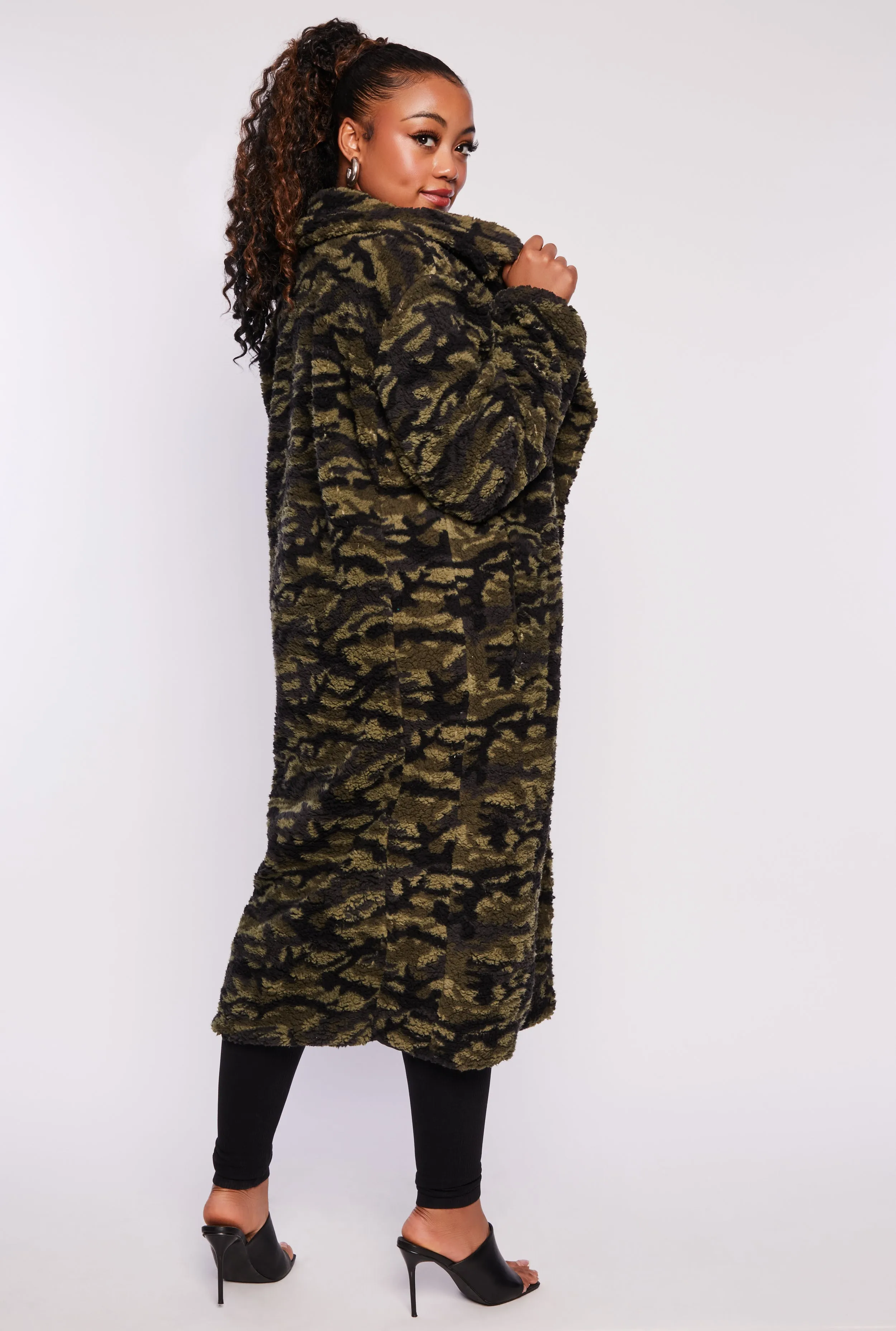 Plus Size Patterned Teddy Coat