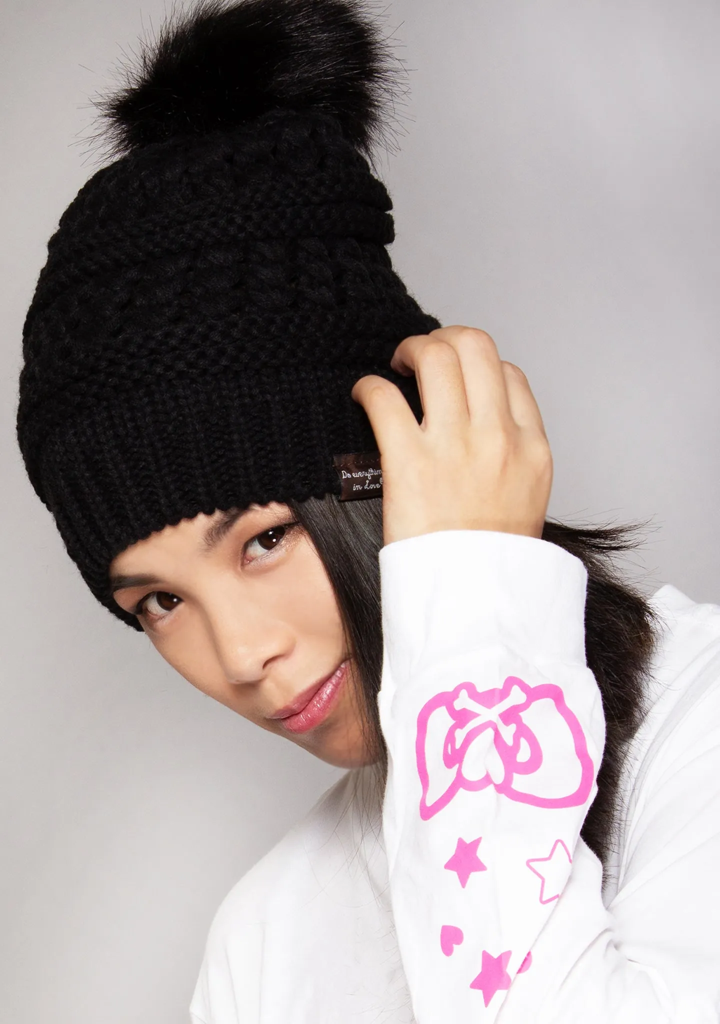 Pom Knit Beanie in Black