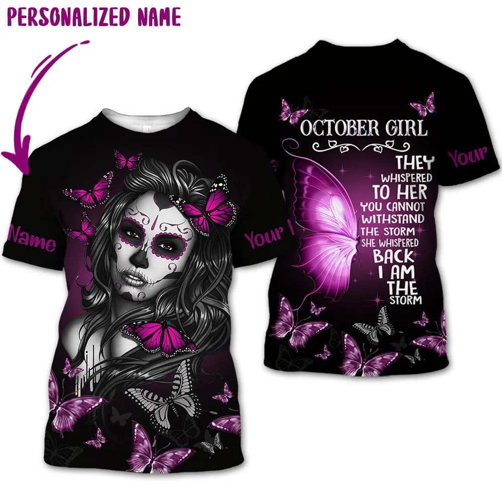 Presonalized Name Birthday Outfit October Girl 3D All Over Printed Bufterfly Purple Girl Birthday Shirt