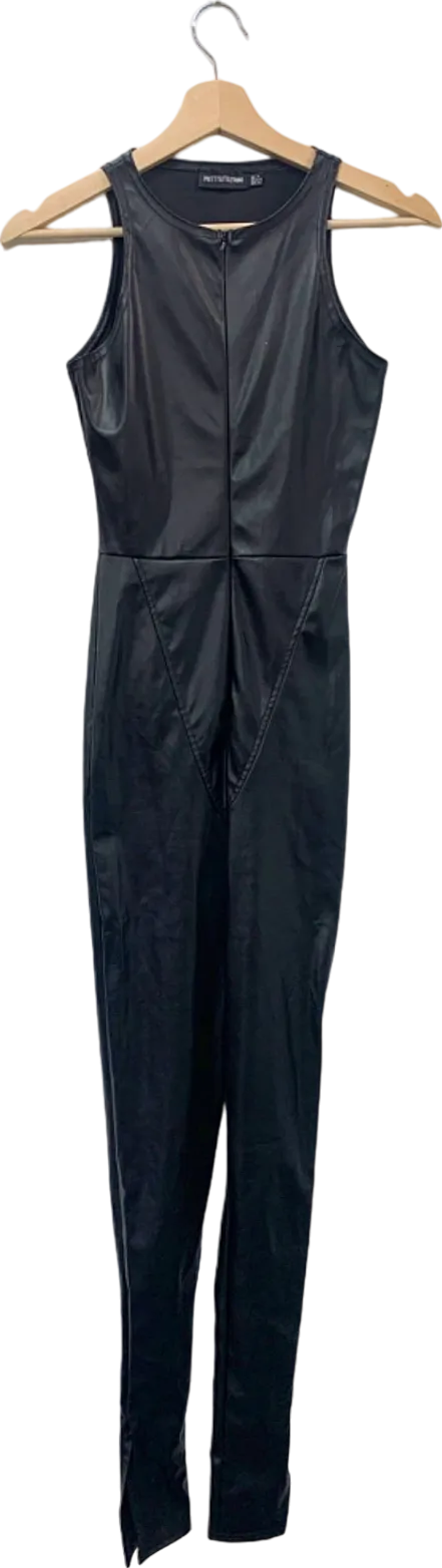 PrettyLittleThing Black Faux Leather Jumpsuit Size UK 4