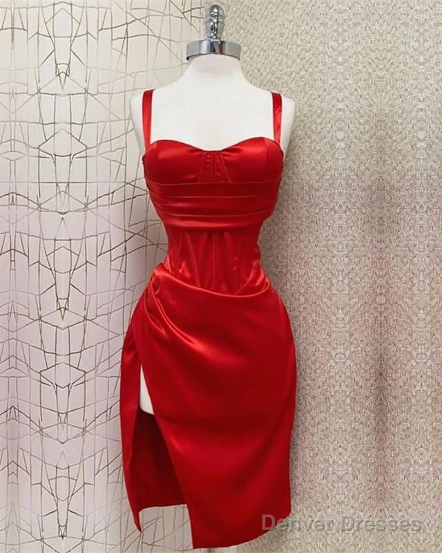 Red Sweetheart Neckline Slit Homecoming Dress Midi Prom Dress