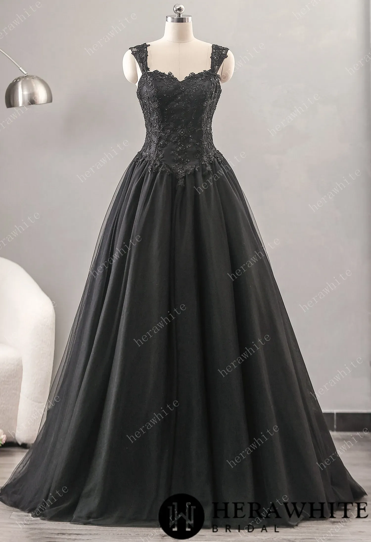 Relaxed A-Line Black Wedding Dress With Detachable Cape
