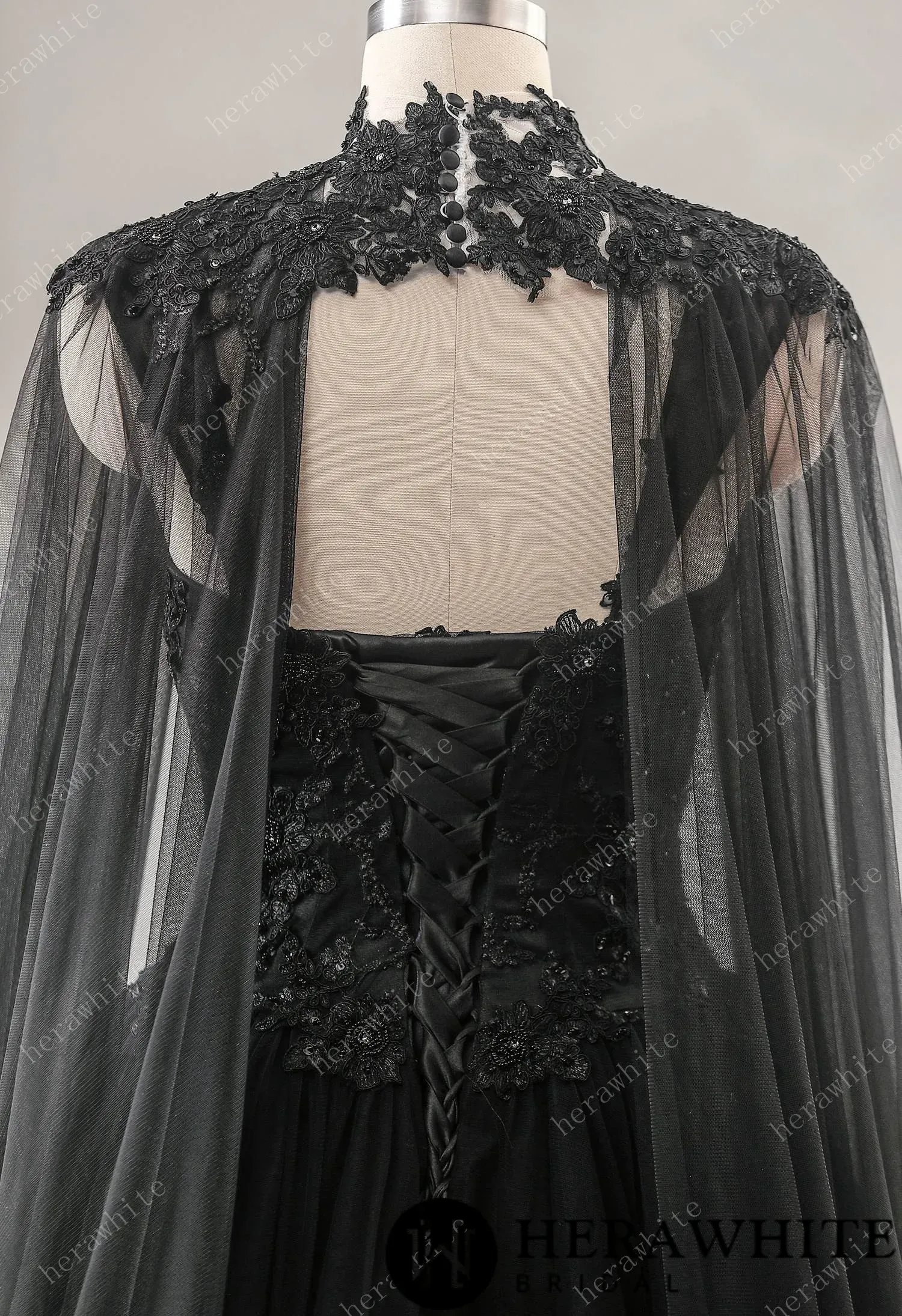 Relaxed A-Line Black Wedding Dress With Detachable Cape
