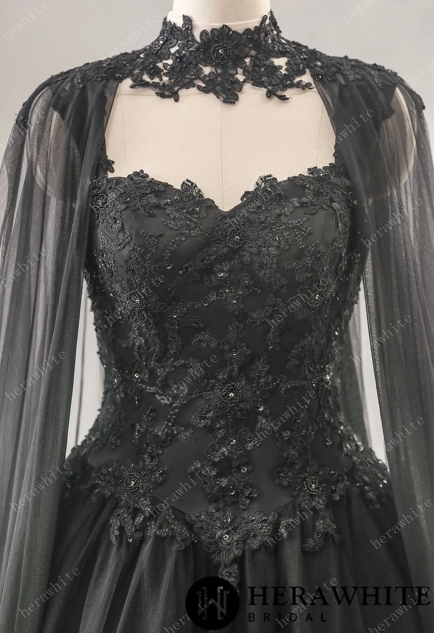 Relaxed A-Line Black Wedding Dress With Detachable Cape