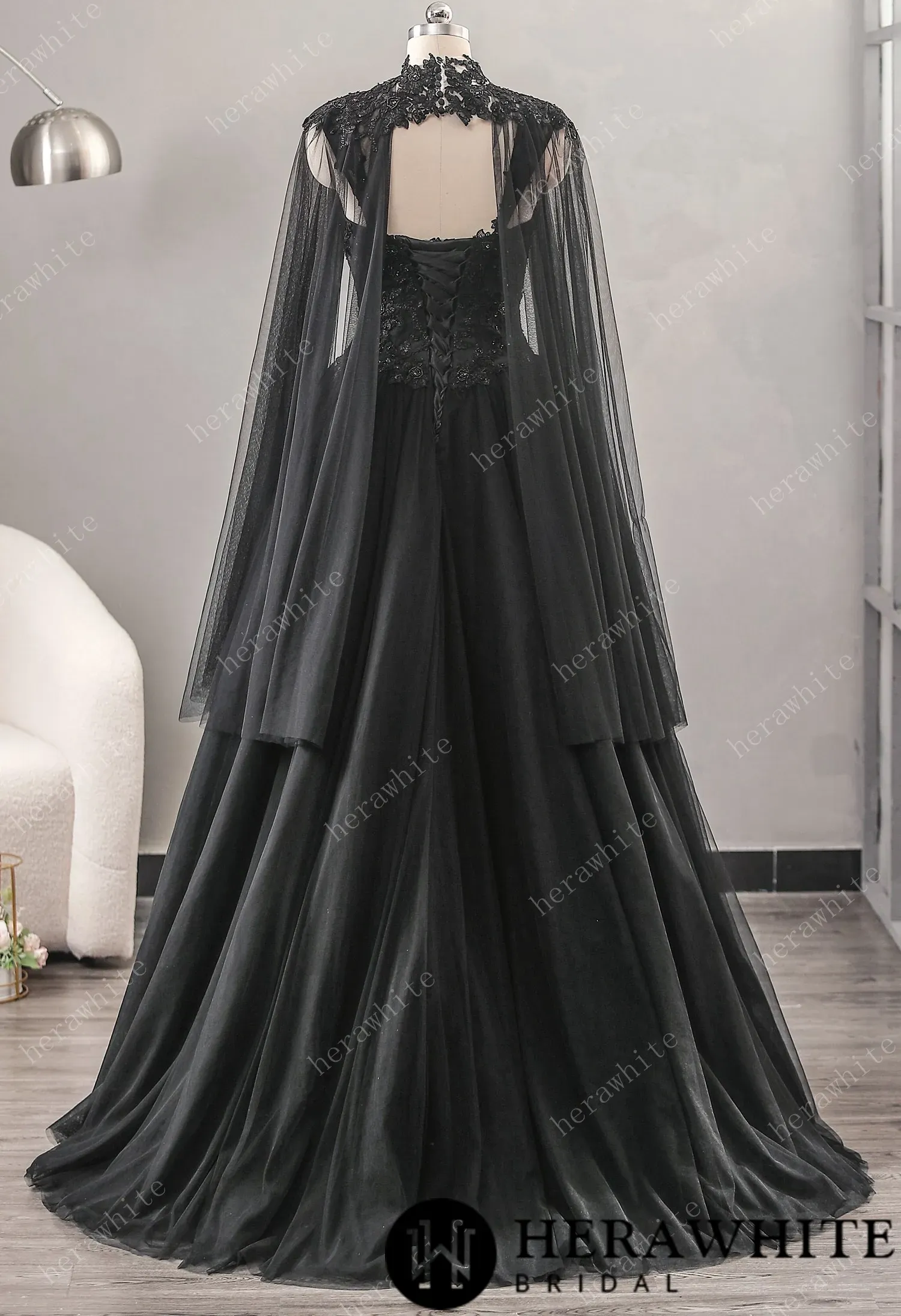 Relaxed A-Line Black Wedding Dress With Detachable Cape